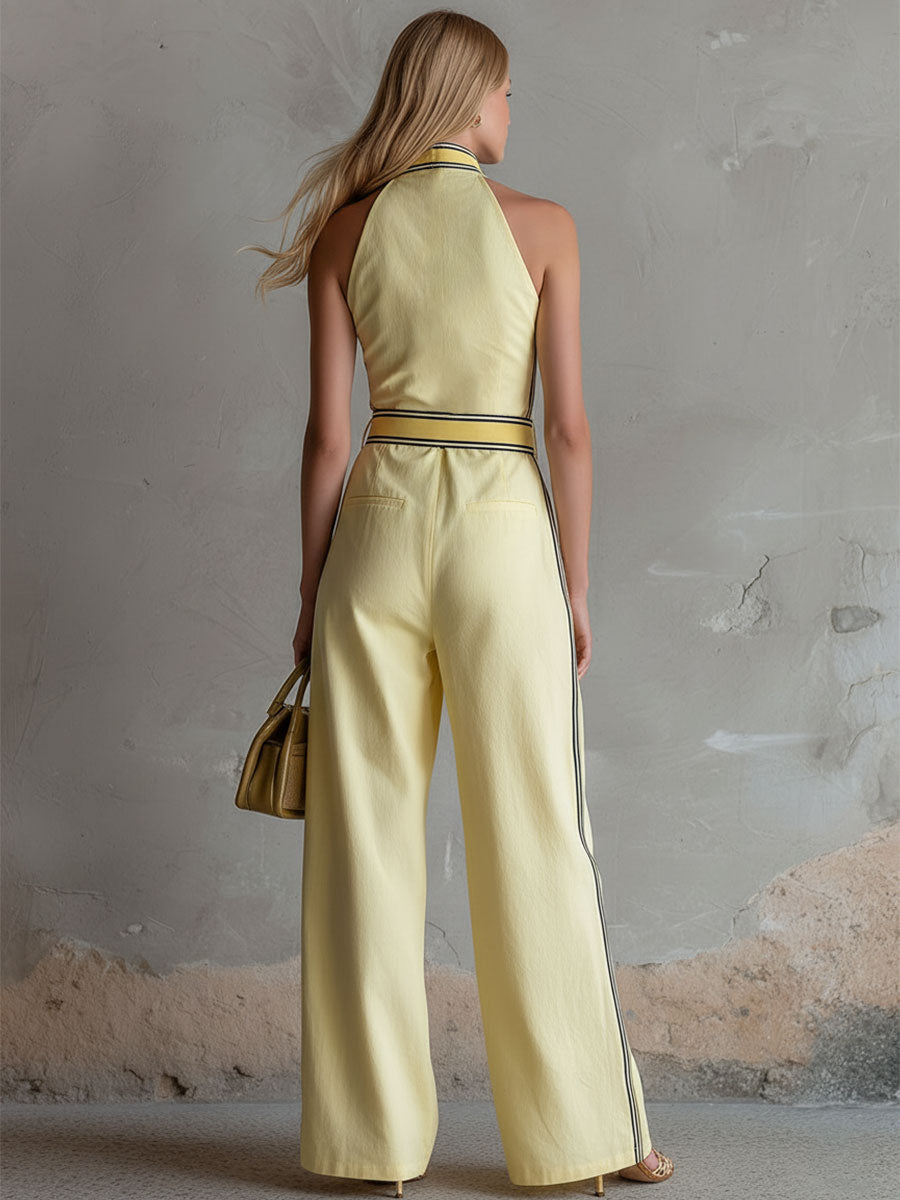Casual Retro Color-blocked Yellow Cotton Linen Sleeveless Wide-leg Jumpsuit
