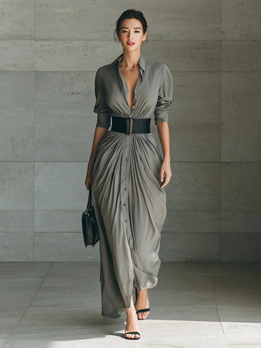 Solenzia – Pleated waist drama – Maxi shirt dress