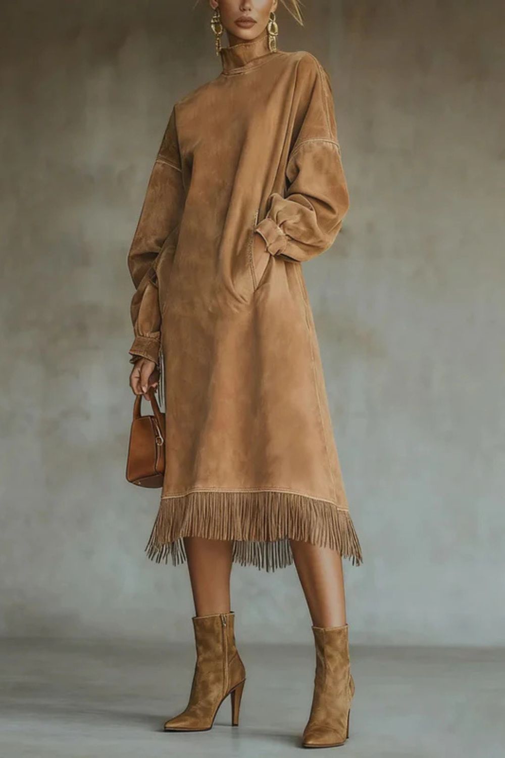 Valdrina – Suede fringe detail – Midi turtleneck dress