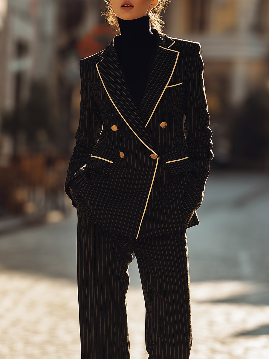Isolde | Black Pinstripe Suit with Contrast Trim