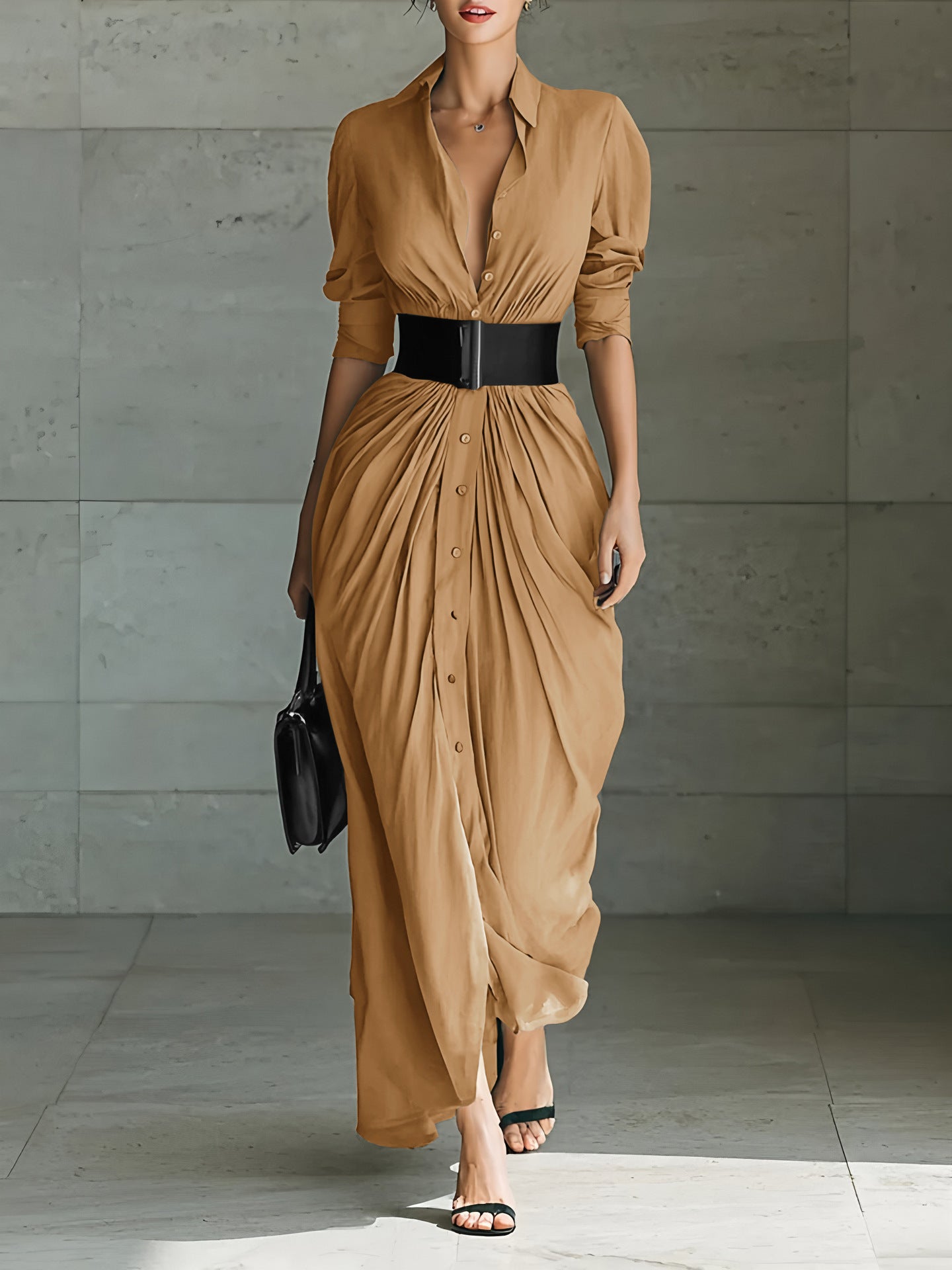 Solenzia – Pleated waist drama – Maxi shirt dress