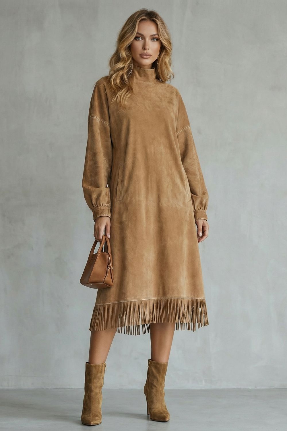 Valdrina – Suede fringe detail – Midi turtleneck dress