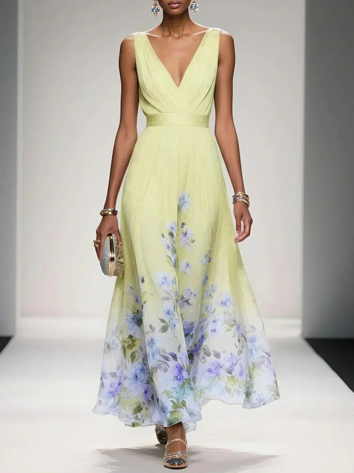 Rosa - Floral Chiffon V-Neck Maxi Dress