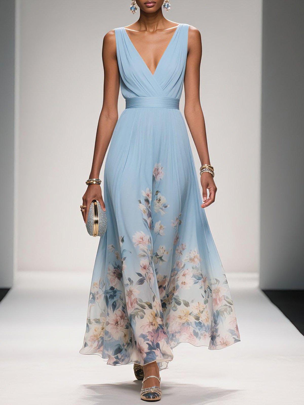 Rosa - Floral Chiffon V-Neck Maxi Dress