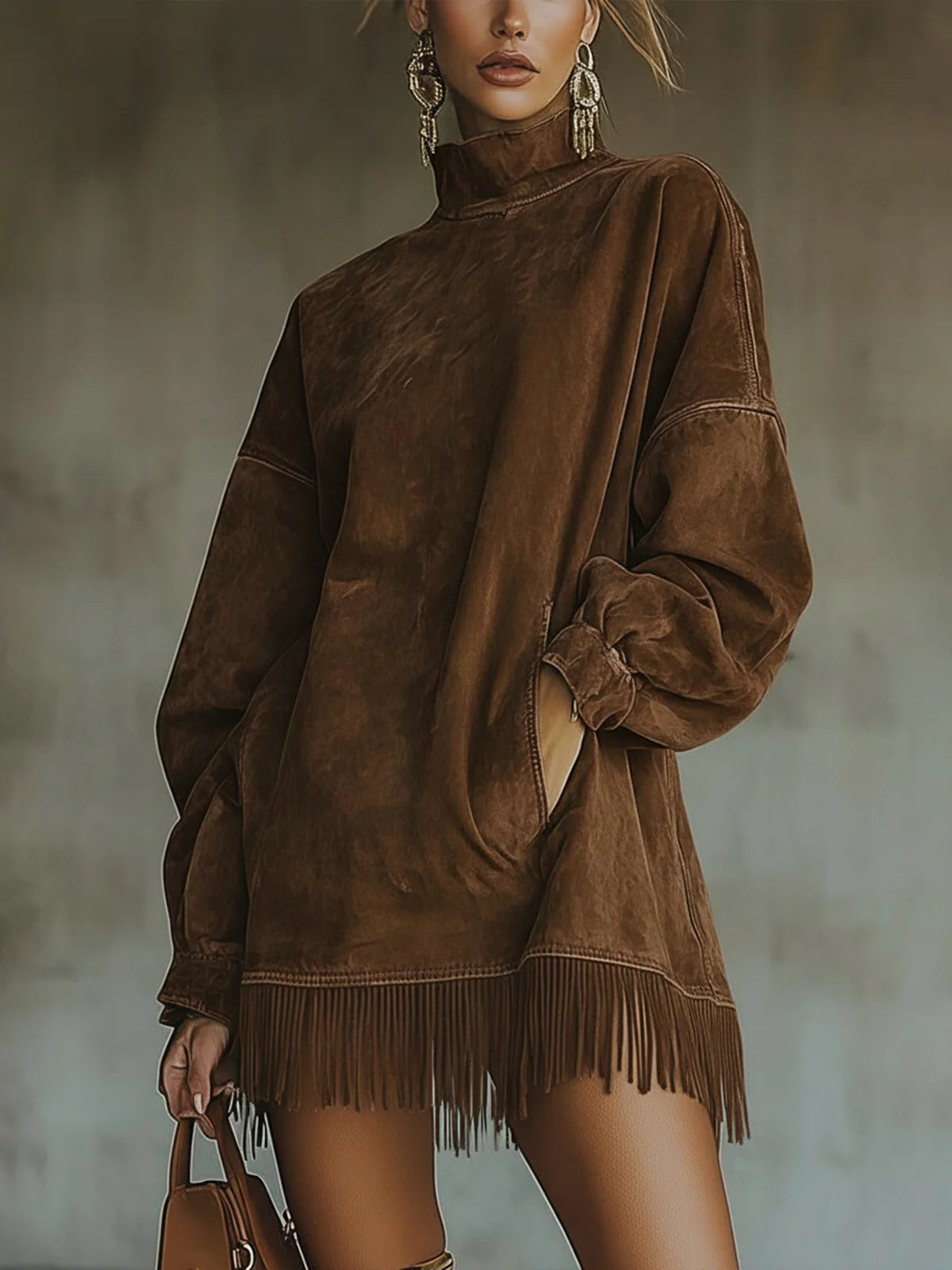 Daphne | Suede Fringed Turtleneck Dress