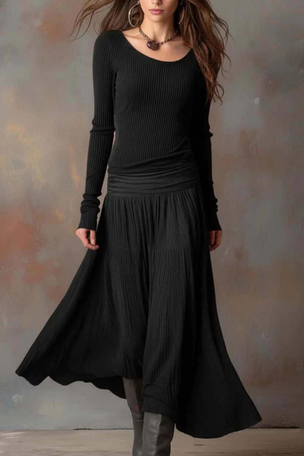 Brunelle – Flowy ribbed design – Long-sleeve maxi dress