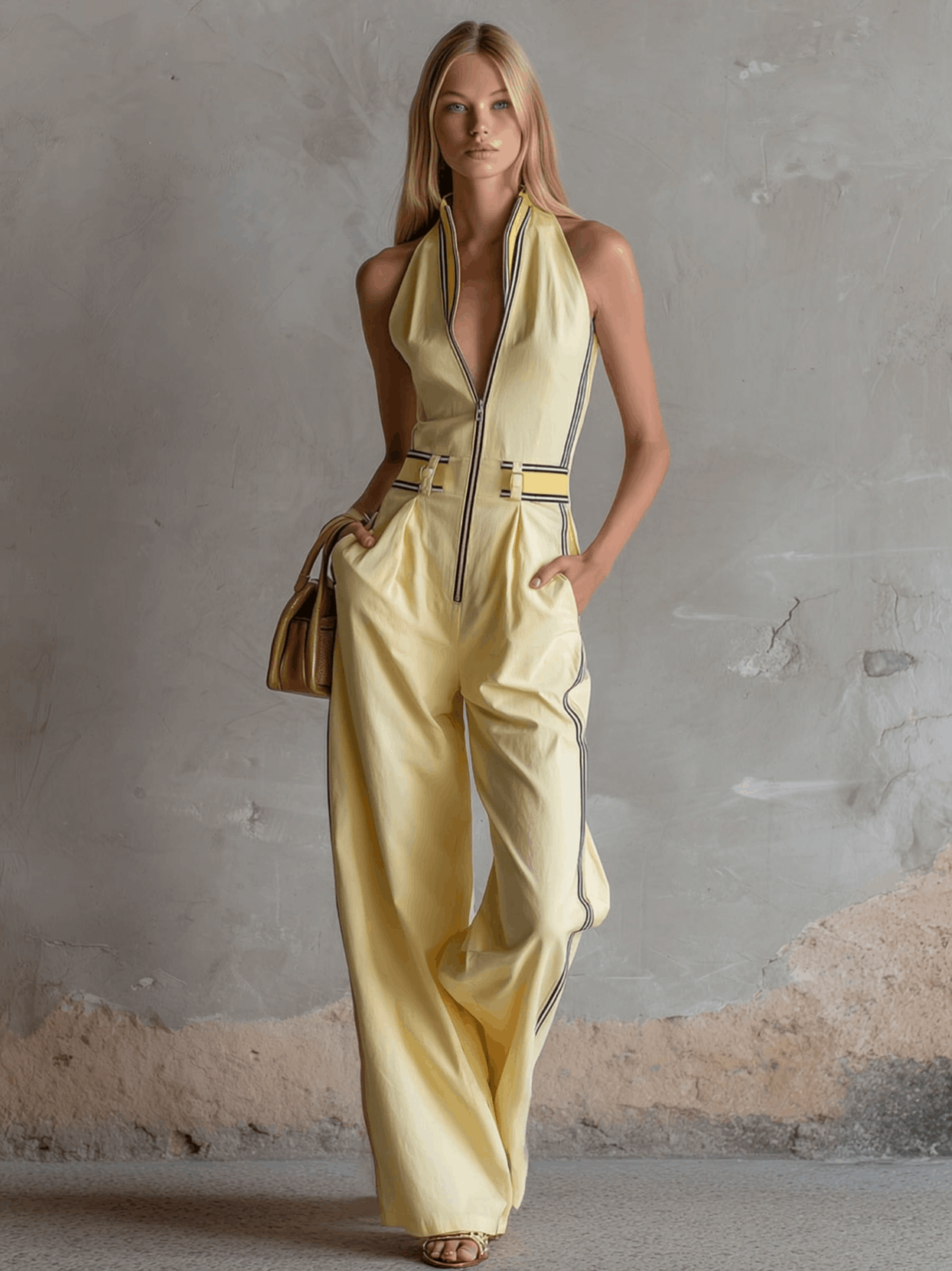 Casual Retro Color-blocked Yellow Cotton Linen Sleeveless Wide-leg Jumpsuit