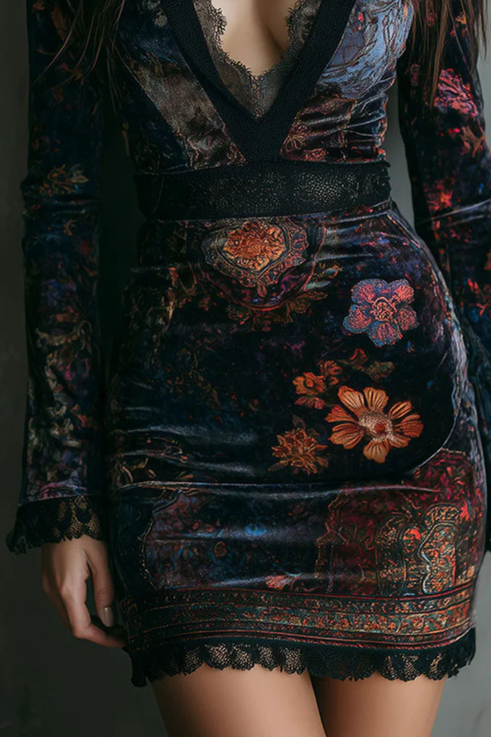 Solenza – Baroque lace plunge – Velvet mini dress