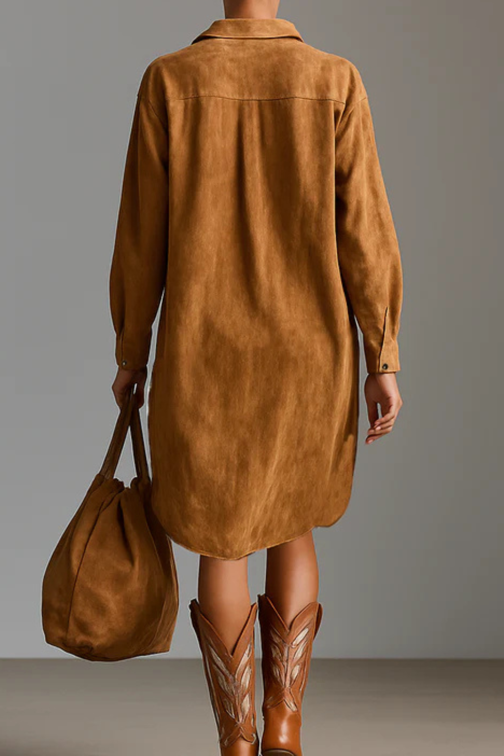 Solvèra – Embroidered plunge detail – Suede shirt dress