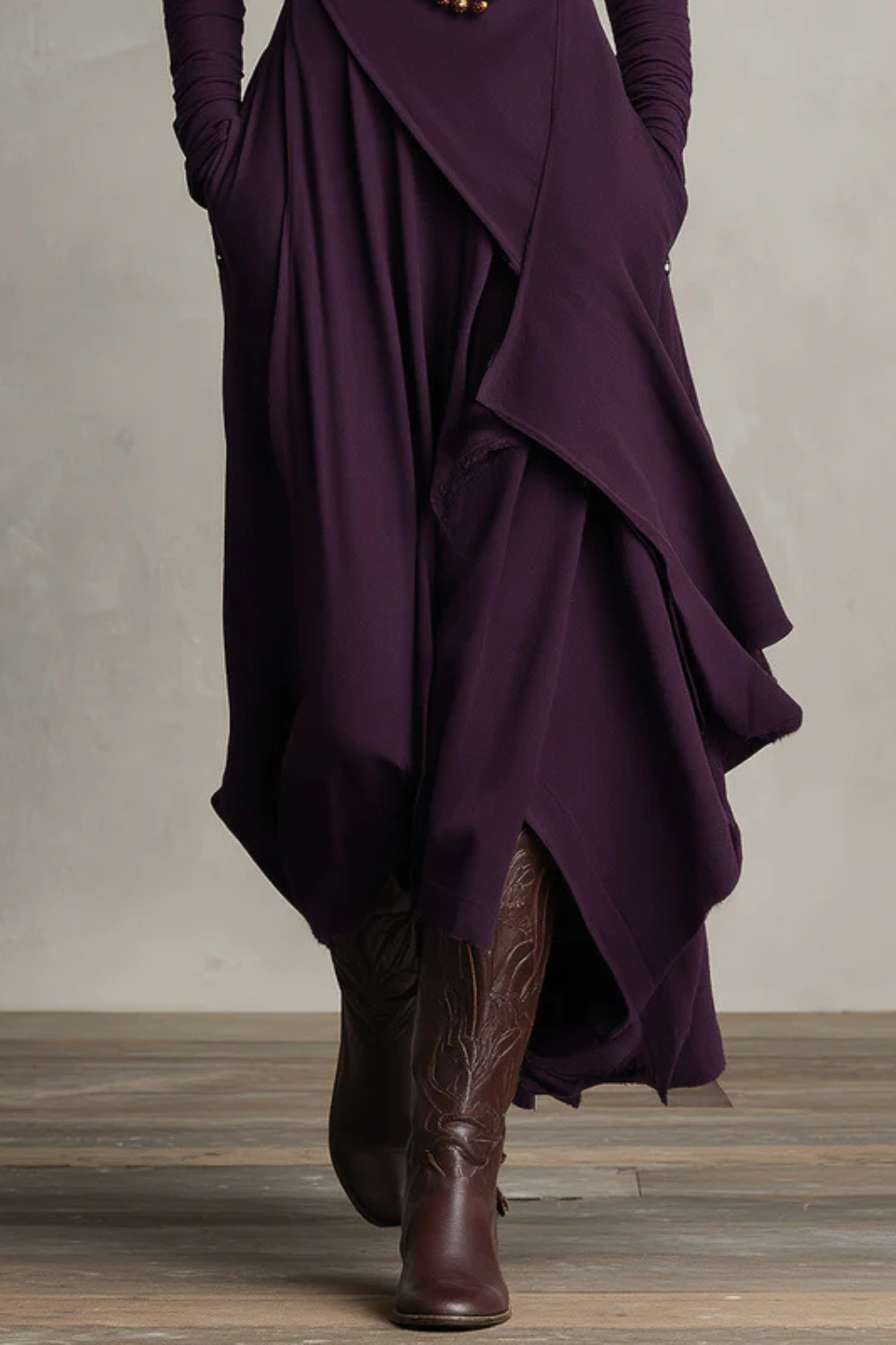 Sorellia – Draped asymmetry – High-neck midi dress