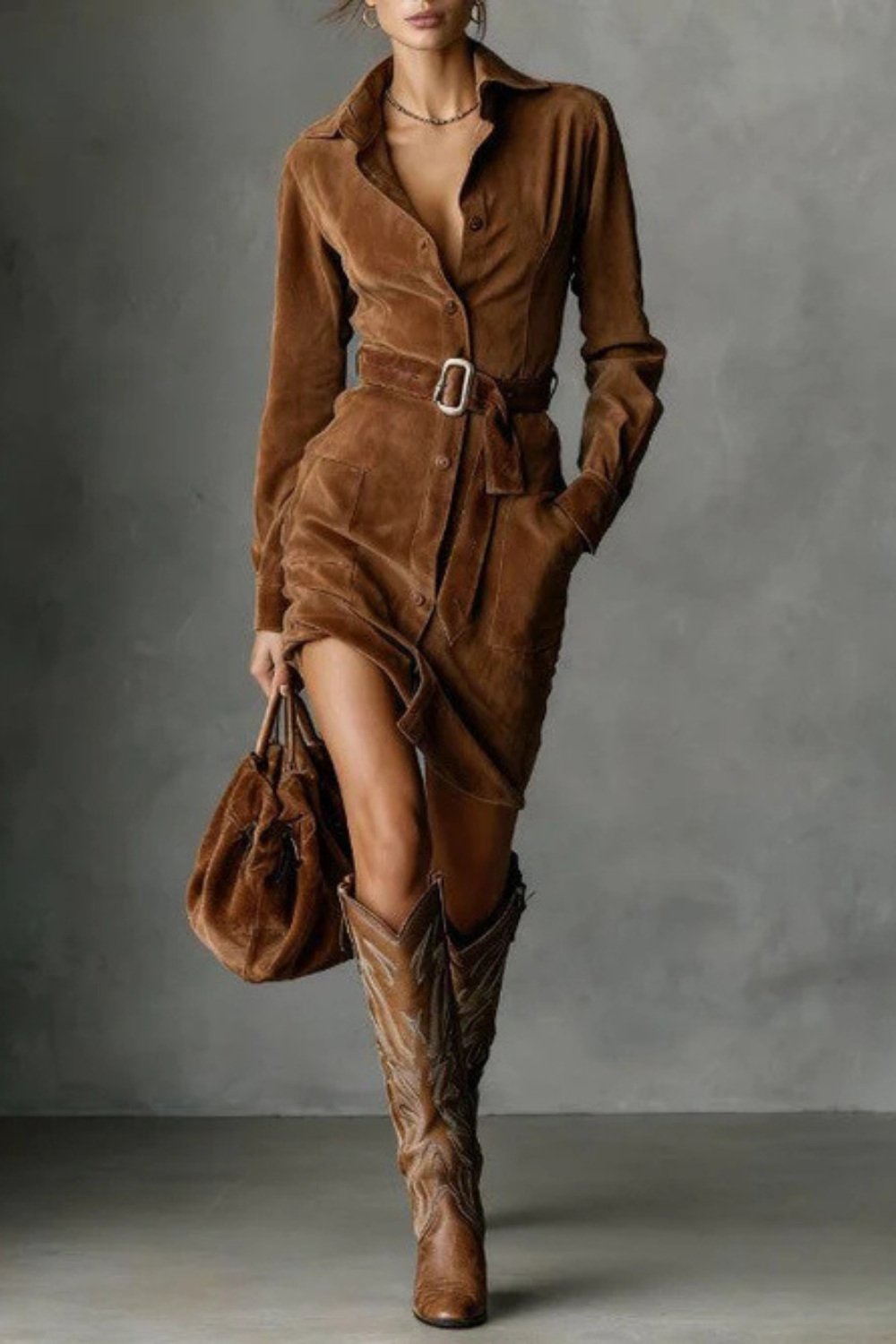 Vellessa – Belted silhouette – Suede midi dress