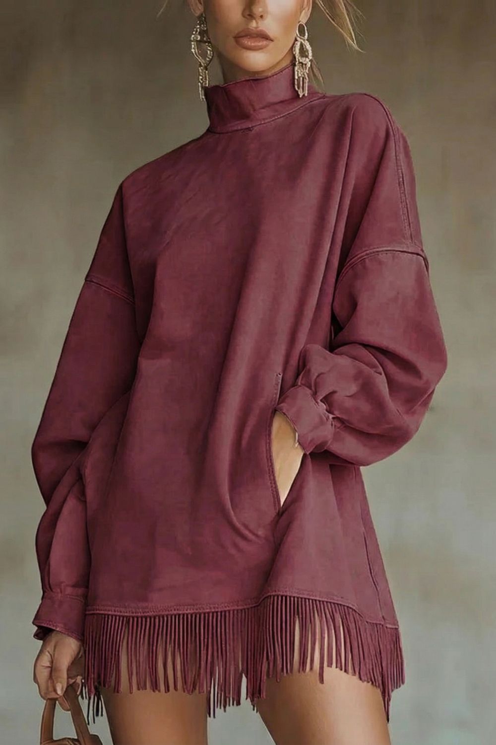 Viretta – Suede fringe detail – Turtleneck mini dress