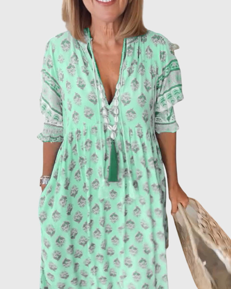 Brigid | Elegant V-Neck Printed Dress