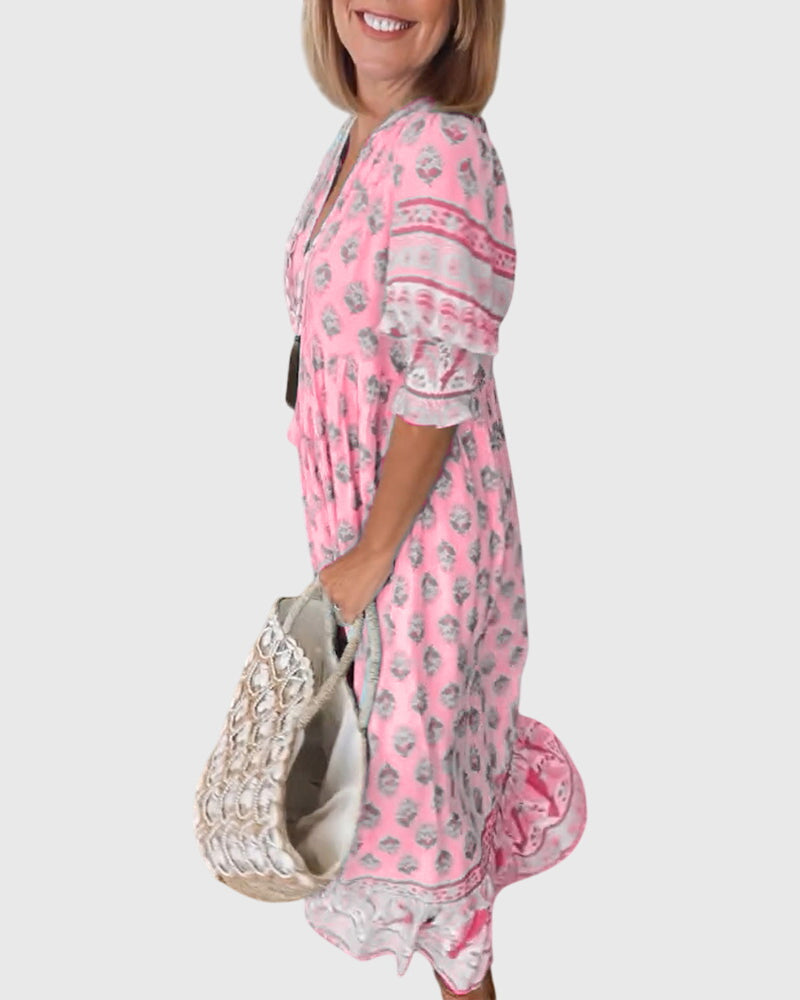 Brigid | Elegant V-Neck Printed Dress