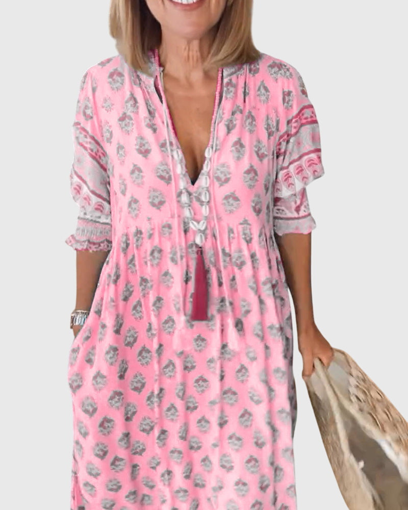 Brigid | Elegant V-Neck Printed Dress