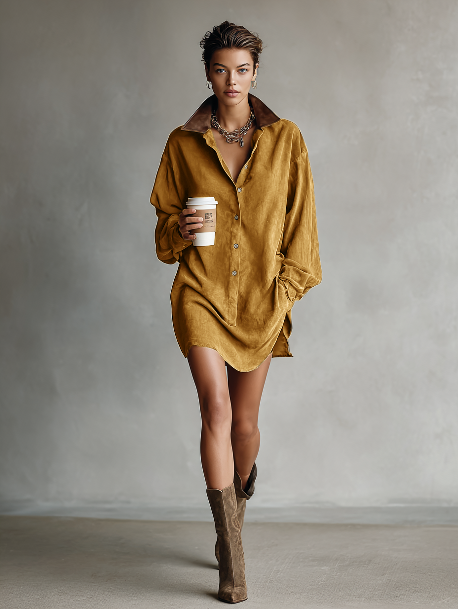 Lorentza – Two-tone collar detail – Suede shirt mini dress