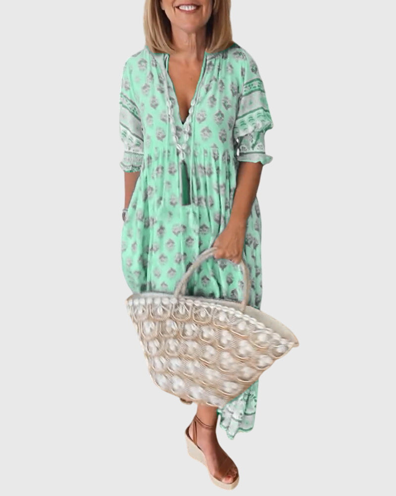 Brigid | Elegant V-Neck Printed Dress