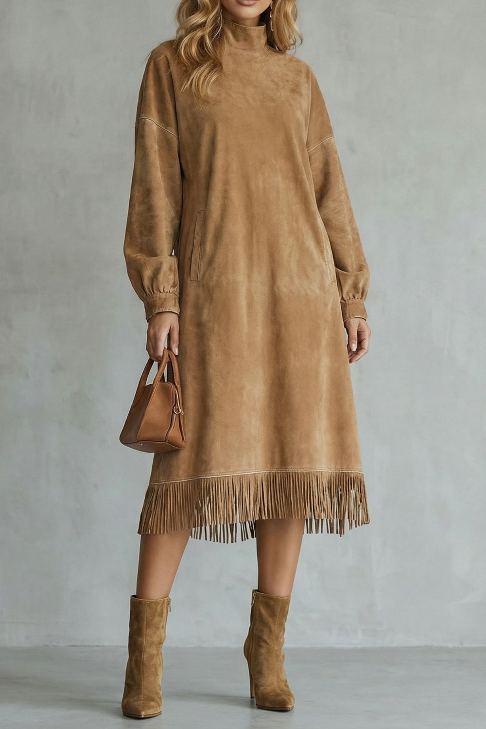Valdrina – Suede fringe detail – Midi turtleneck dress