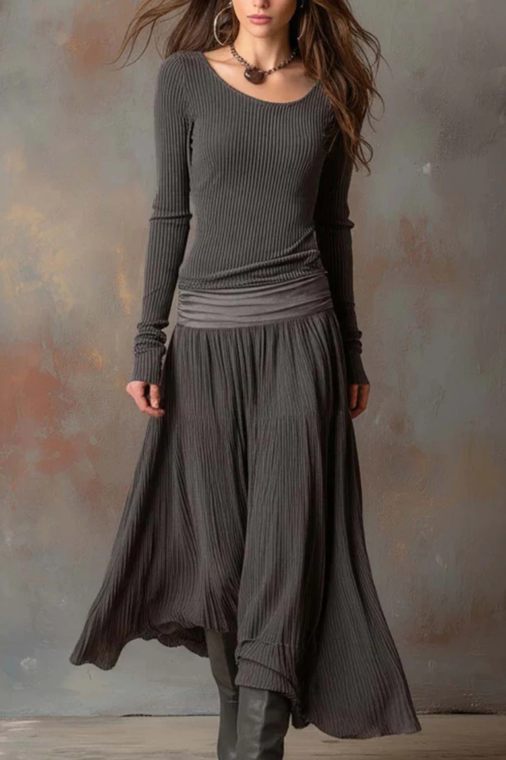 Brunelle – Flowy ribbed design – Long-sleeve maxi dress