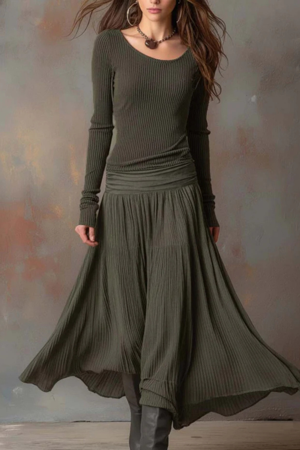 Brunelle – Flowy ribbed design – Long-sleeve maxi dress