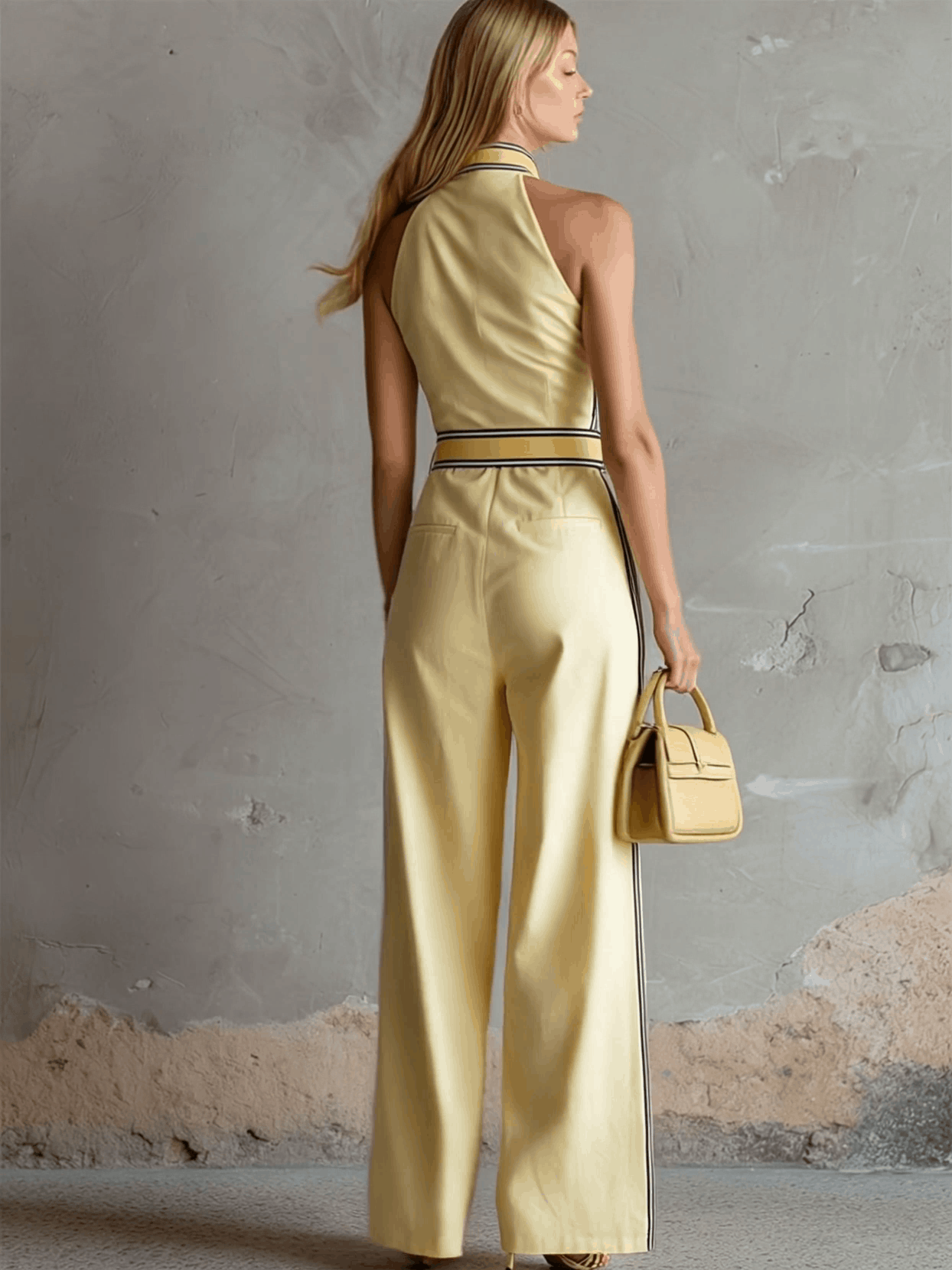 Casual Retro Color-blocked Yellow Cotton Linen Sleeveless Wide-leg Jumpsuit