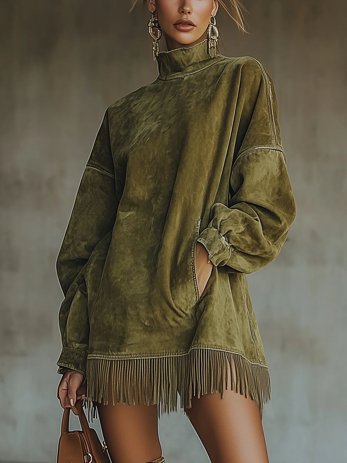 Daphne | Suede Fringed Turtleneck Dress