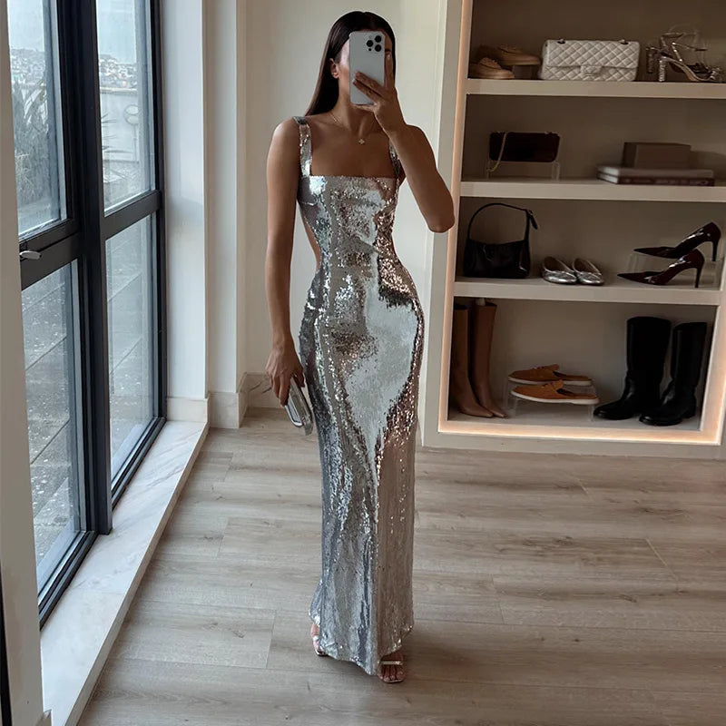 Mireille | Shimmering Spaghetti Strap Maxi Dress