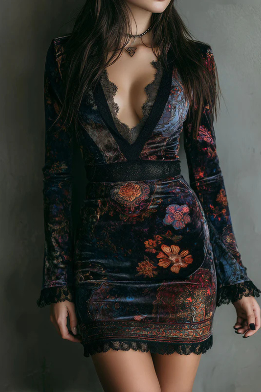 Solenza – Baroque lace plunge – Velvet mini dress
