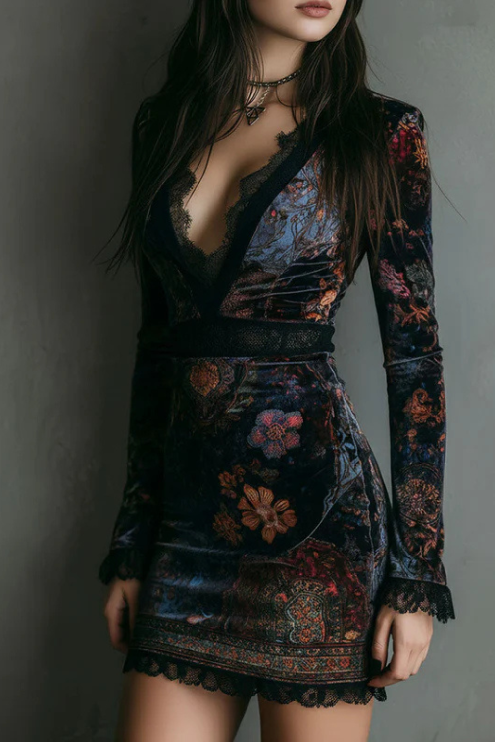 Solenza – Baroque lace plunge – Velvet mini dress