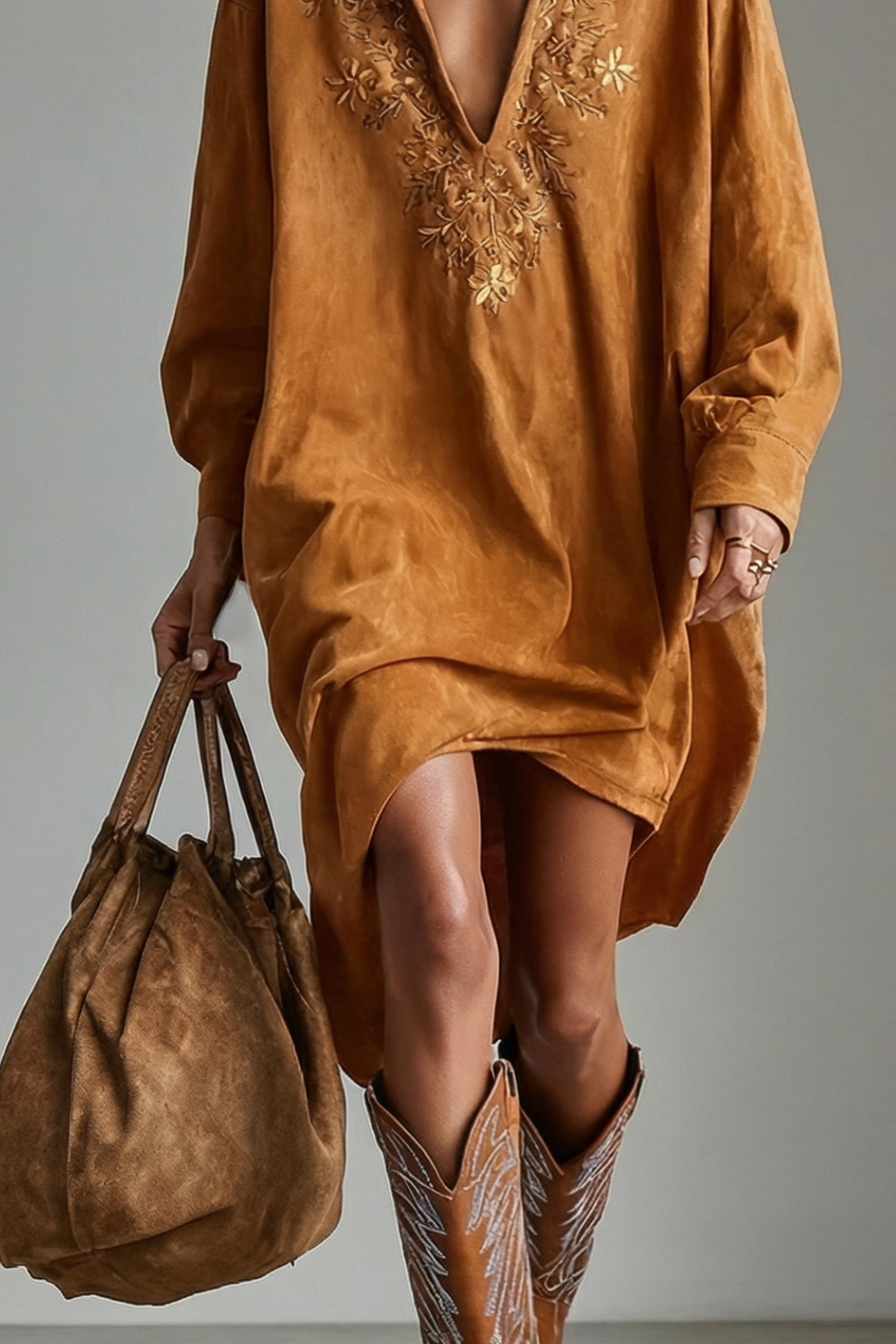 Solvèra – Embroidered plunge detail – Suede shirt dress
