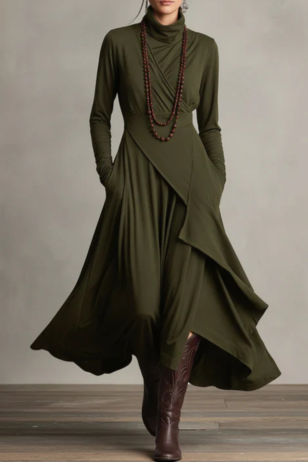 Sorellia – Draped asymmetry – High-neck midi dress