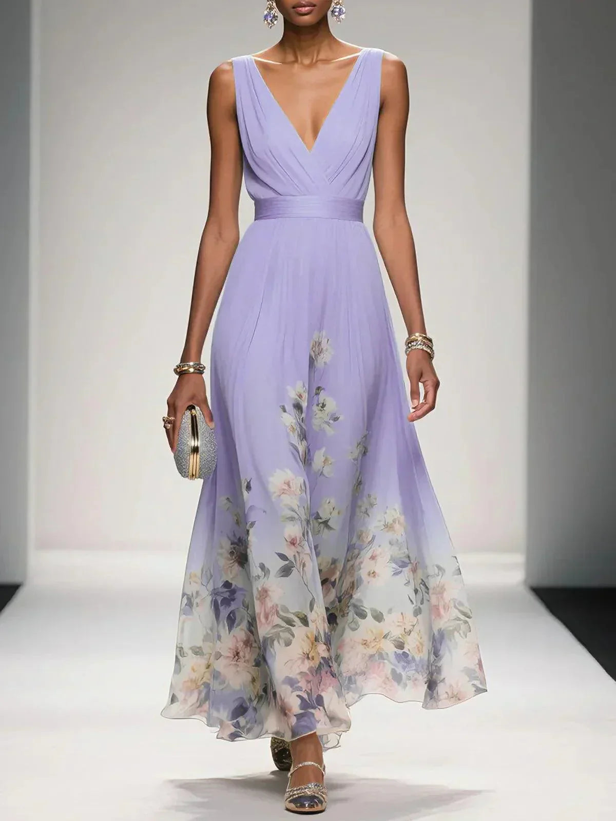 Rosa - Floral Chiffon V-Neck Maxi Dress