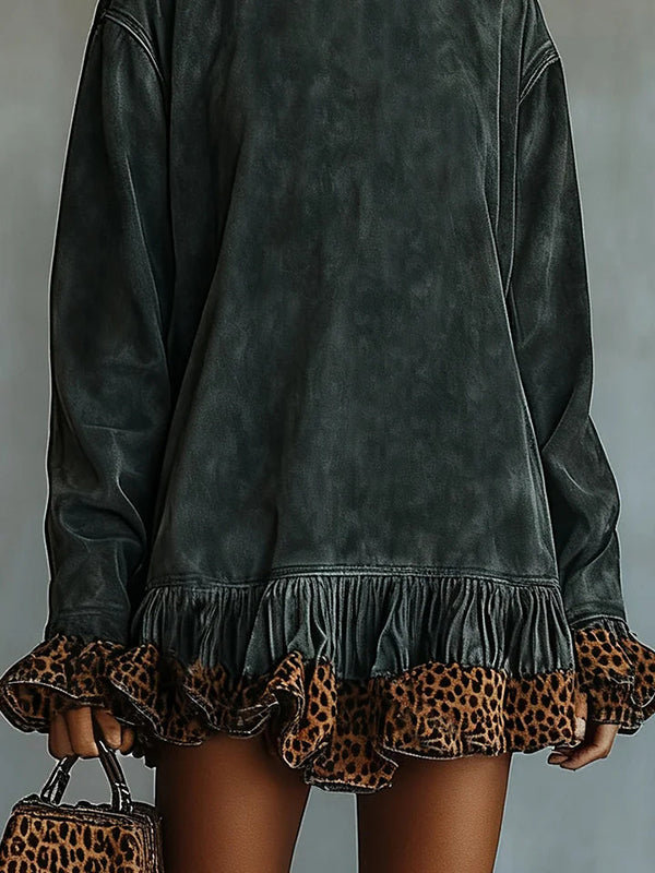 Selvatta – Leopard trim ruffle – Suede mini dress